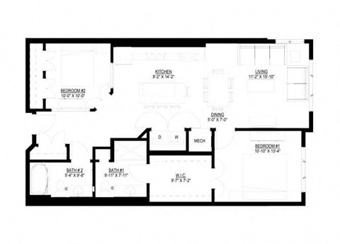 Floor plan for 2 beds, 2 baths, 1077 sqft